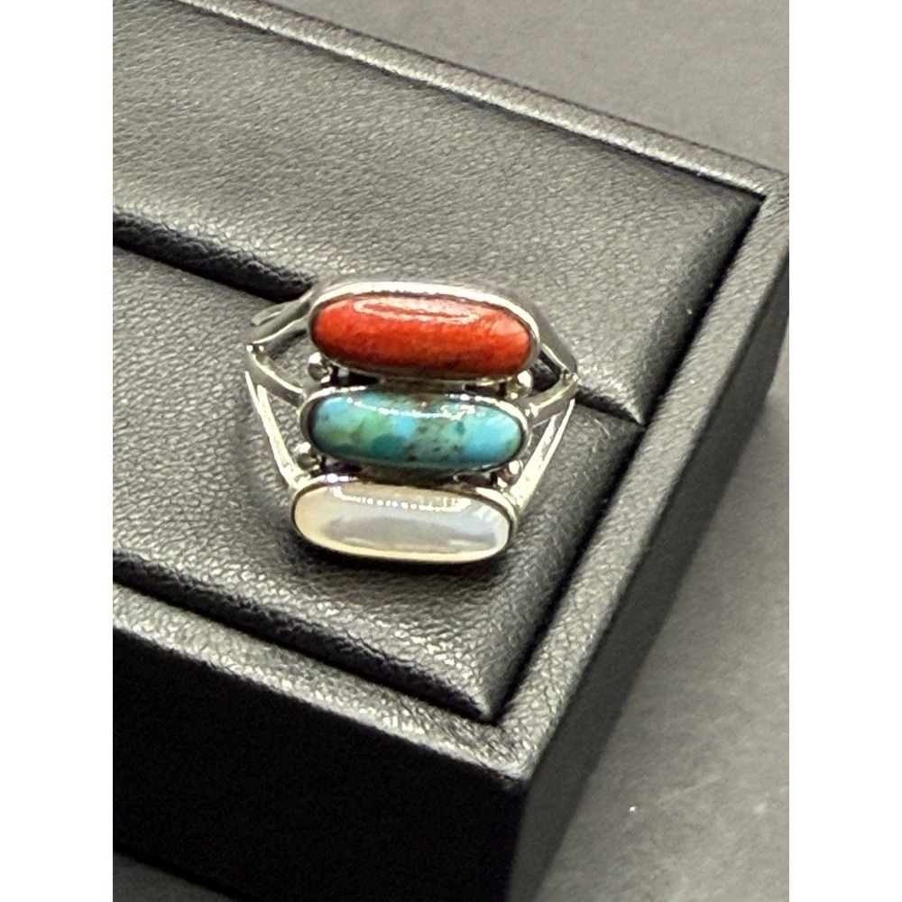New Condition Sterling Silver Turquoise Coral Mother Of Pearl Ring Size 10 J19 - Picture 7 of 10